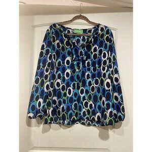 Cappagallo Womens Blouse Tunic Top Size Large Front Tie Blue Circles‎